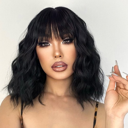 Short Black Wig with Bangs, Short Black Natural Wavy Wigs for Women, Wavy Bla... - Picture 3 of 6
