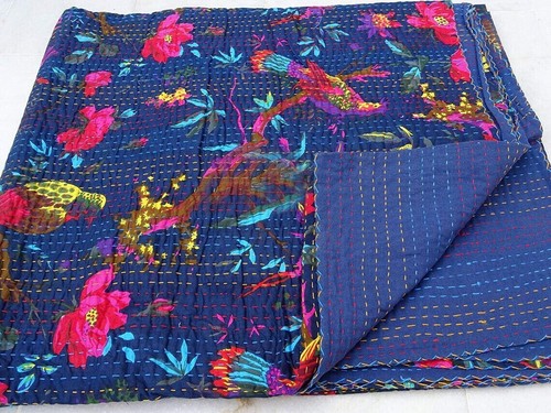 King Size Indian Print kantha Quilt 100% Cotton Bedspread kantha Bed Cover thro - Picture 6 of 6