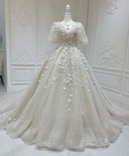 Princess Ivory Beading Wedding Dresses with 3D Florals Scoop Neck Bridal Gowns