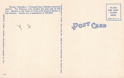 Postal NE: Vista aérea, distrito financiero de Omaha, Nebraska, lino vintage - Imagen 2 de 2