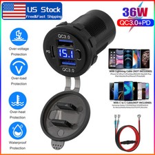 USB Car Charger Dual QC3.0 PD Port With Voltmeter Outlet Socket for 12V Boat RV