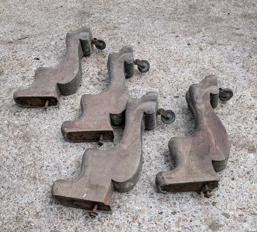 4 Antique Solid Oak Lion Cat Claw Feet Foot Table Legs w/ Casters Wheels  - Picture 7 of 11