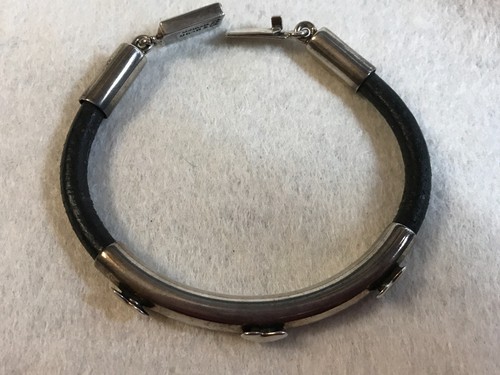 Vtg Sterling Silver TH-40 Mexico Artisan Made Black Leather Bracelet w/ Hearts - Picture 8 of 13