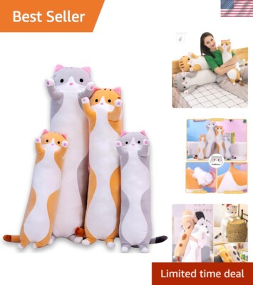 Charming Gray Cat Plush Toy - 35 Inch Long Cuddle Pillow for Stress Relief