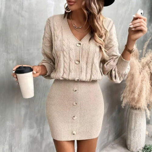 Womens Knitted Cable Sweater Mini Dress Winter Long Sleeve Button Jumper Bodycon - Picture 10 of 15