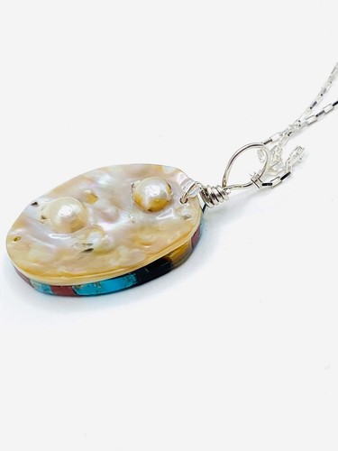 Santo Domingo Mosaik Intarsien ovaler Anhänger MOP-Sockel mit befestigten Perlen F&L Tenorio - Bild 10 von 19