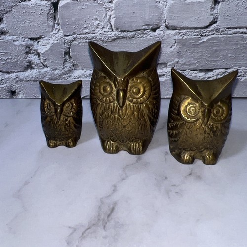 Vintage 70s Solid Brass Set of 3 Owls Paperweight Trinkets ✅ 3”, 2.5”, 2” - Picture 2 of 7
