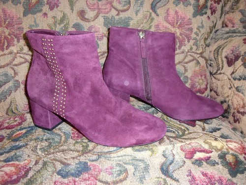 White House Black Market Eggplant Suede Leather Zeek Studded Ankle Boots SZ 8 - Picture 6 of 9