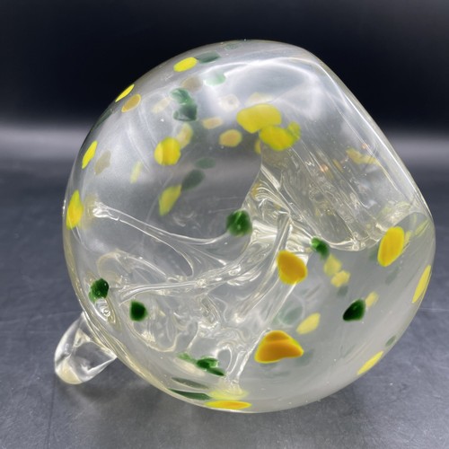 Witch’s Ball Orb Green & Yellow Splattered 5” T Stands On It’s Own Glass Hanger - Picture 9 of 10