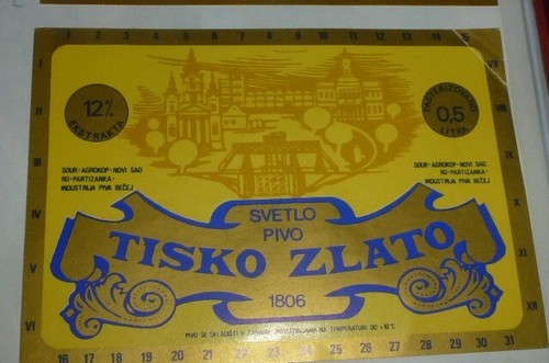ca. SERBIA EX Yugoslavia old Bečej brewery beer label TISKO ZLATO PIVO NR457