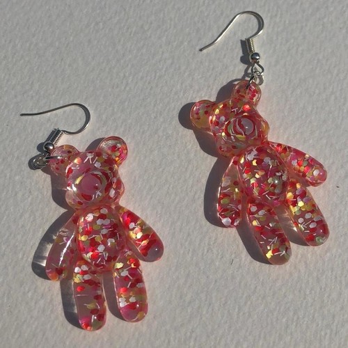 Teddy bear Large Glitter Charms Acrylic Earrings 7cm long bubblegum - Picture 6 of 64