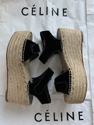 CELINE Espadrilles Black Velvet Scratch Wedge Platform CELINE Espadrilles Black Velvet Scratch Wedge Platform