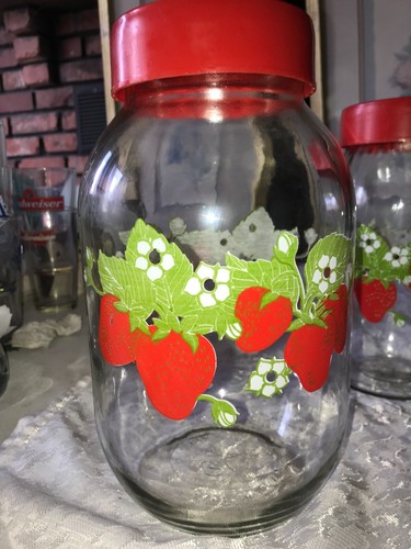 Set of 6 CARLTON GLASS Jar STRAWBERRY Kitchen CANISTERS w/ LIDS 3L 2L 1½L 1L ¾L - Picture 3 of 19