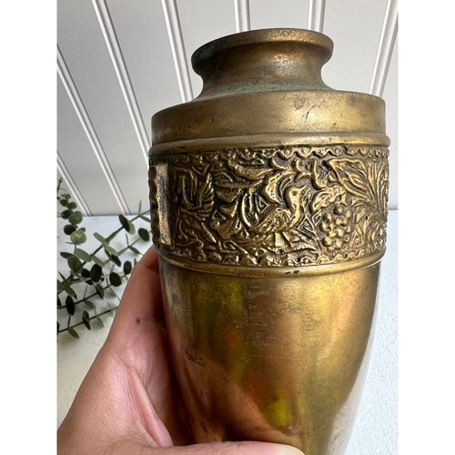 Vintage Brass Vase Intricate bird Design Carvings Rustic Primitive Old World - Picture 5 of 9