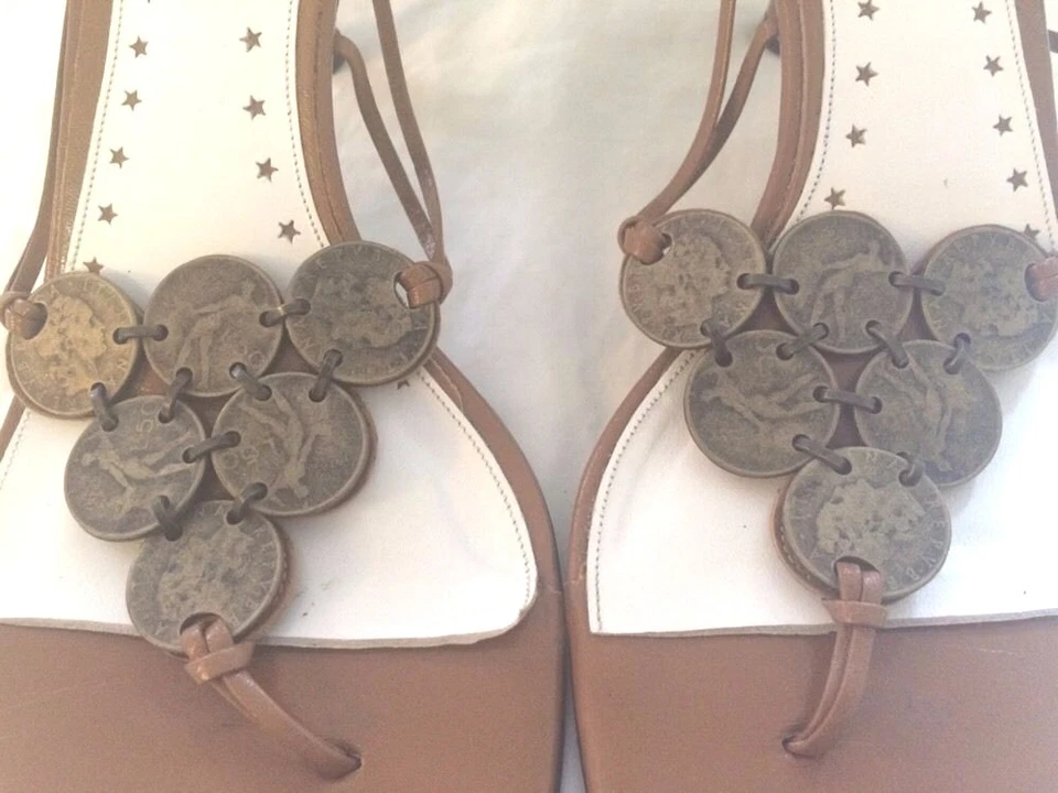 Hollywould Tan Leather Thong Sandals 3" Heel Metal Coin Embellishments Sz 9 1/2 - Image 2 of 4
