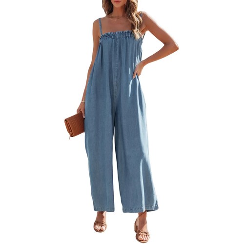 Women Summer Denim Jumpsuit Wide Leg Overall Spaghetti Strap Sleeveless Jean - Picture 7 of 8