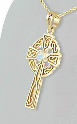 Nuevo Macizo 14k Oro Amarillo Irlandés Nudo Celta Cruz Chatham Sintético Ópalo - Imagen 2 de 4