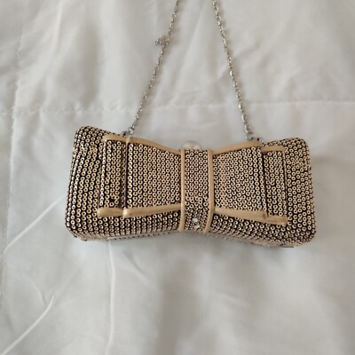#ad Vintage Gold Sequined Evening Bag Clutch Shoulder Formal Bag Silver Bow Accents