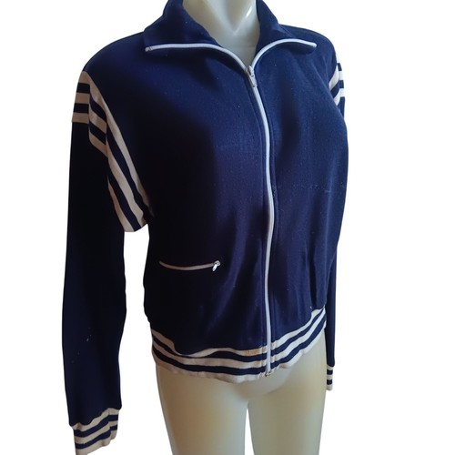 Women's Large Vintage Zip-Up Track Jacket White Stripes 1970's Buttery Jog-Joy - Picture 2 of 7