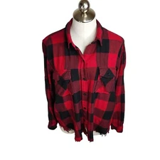 Rails Larsson Plaid Shirt Women's Size Large Crimson Jet Embroidered Frayed