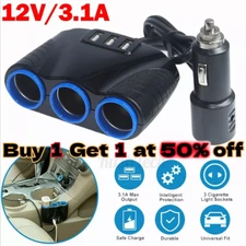 Car 12V Cigarette Lighter Socket Splitter 3USB Charger Power Adapter Outlet