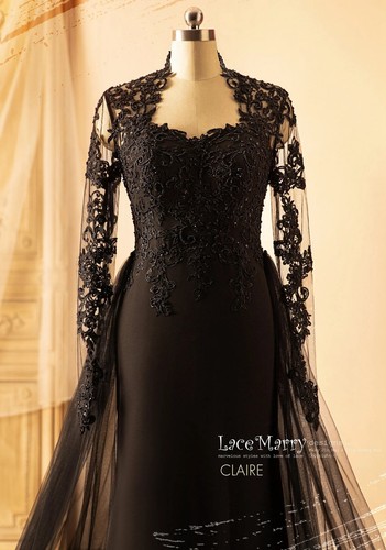 Luxurious Black Bridal Gown Lace Wedding Dress Custom made Buttons - Picture 3 of 14