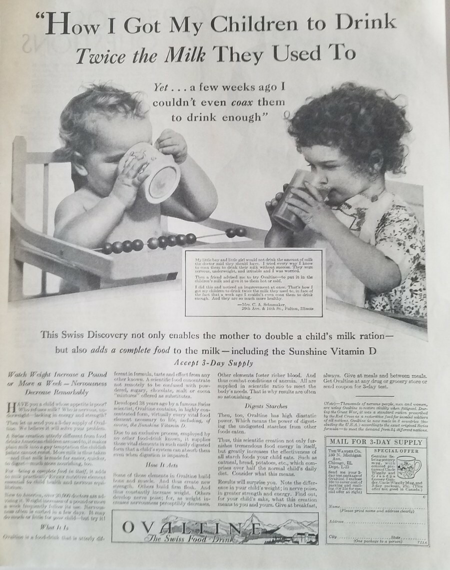 1930 Ovaltine chocolate drink toddler mug high chair children