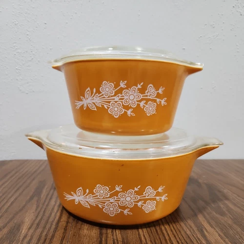 Vintage Pyrex Butterfly Gold Casserole 473B 475B Flower Orange 1970s Retro