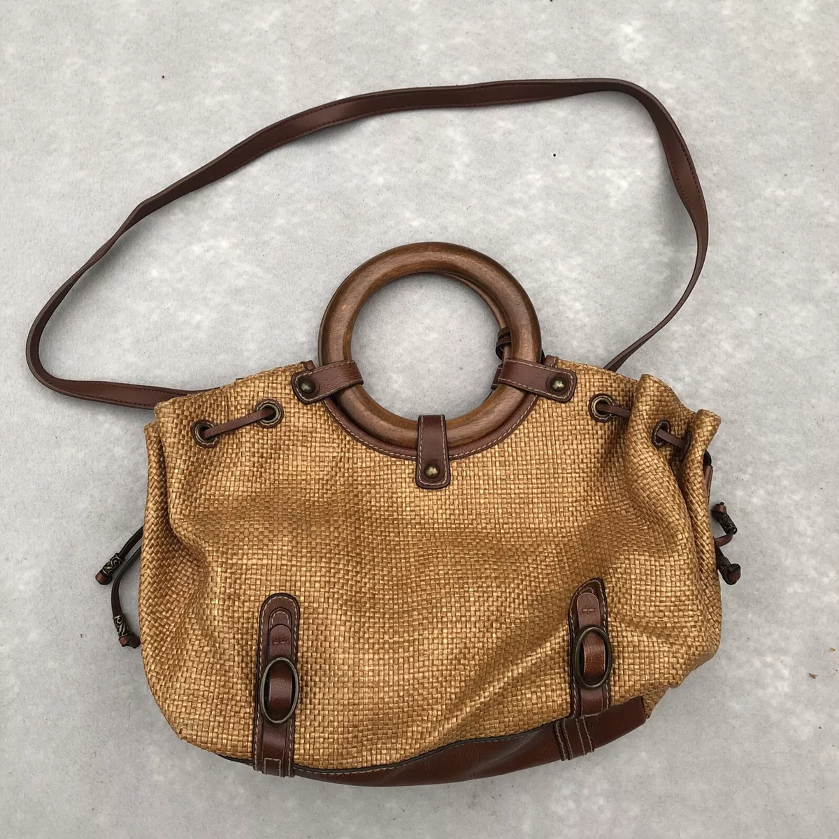 Fossil Handbag Purse 78082 Wood Ring Handle Straw Weave Detachable