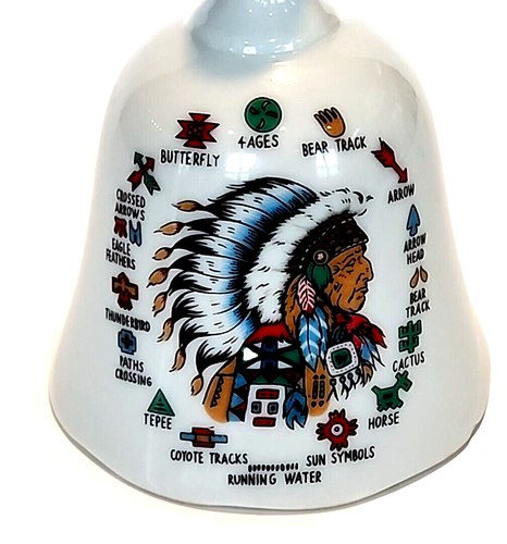 Native American Chief w/Tribe Symbols White 5" Ceramic Bell w/Metallic Tip - Picture 6 of 12