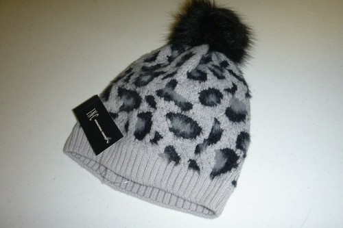 INC International Concepts designer gray leopard POM Nylon knit beanie SKI hat - 第 1/7 張圖片
