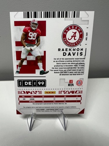 Raekwon Davis 2020 Panini Contenders Draft Picks College Ticket Auto #169 - Picture 2 of 10