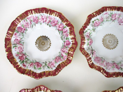 Victoria porcelain dessert set roses, cranberry ribbon antique Carlsbad Austria - Picture 6 of 11
