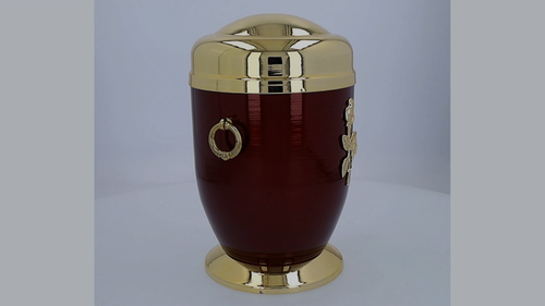 Beautiful Red Metal Cremation Urn for Ashes -Gold Cross Funeral Urn For Adult - Video 1 of 1