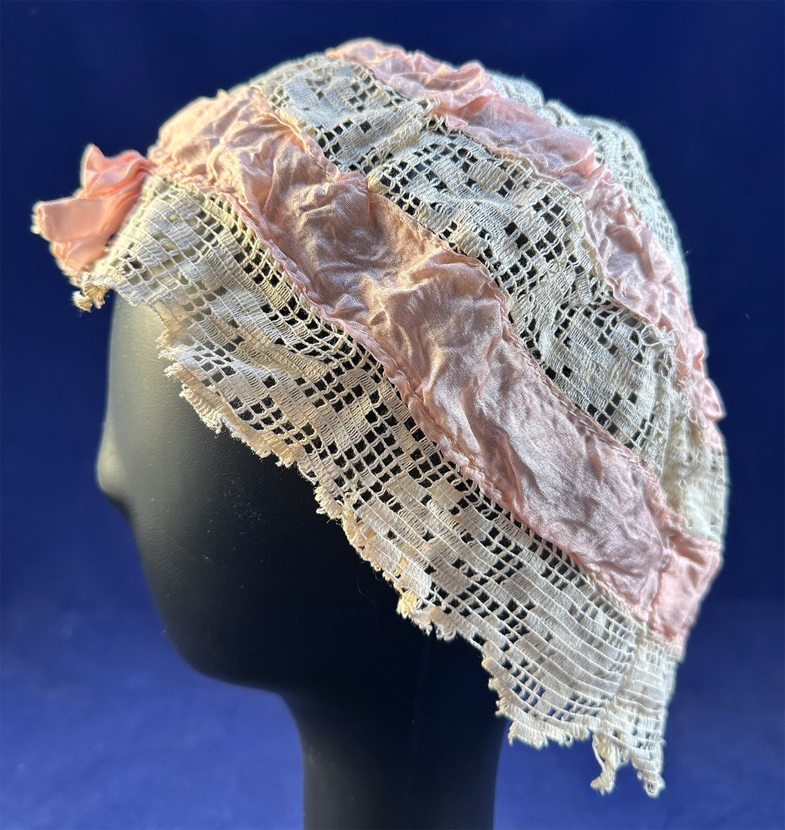 Vintage 1920s Pink Silk Ribbon White Filet Lace Bow Trim Boudoir