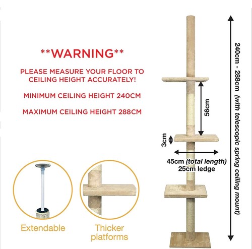 Poste rascador gato piso a techo 285 cm árbol trepador torre rascador poste - Imagen 10 de 12