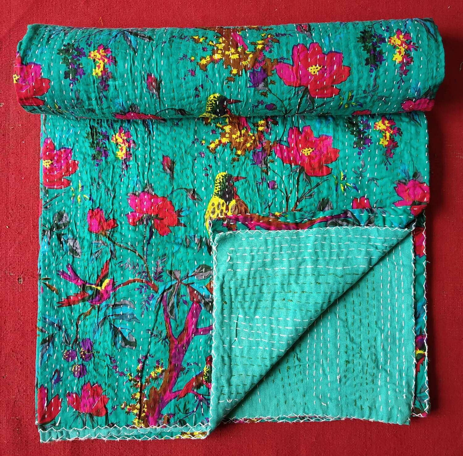 Indisch Vogel Queen Steppdecke Baumwolle Kantha Handmade Bettbezug Überwurf - Bild 2 von 5