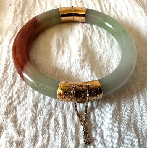 Brazalete Brazalete Vintage Grabado Oro Amarillo 14k y Jade con Bisagras - Imagen 7 de 16