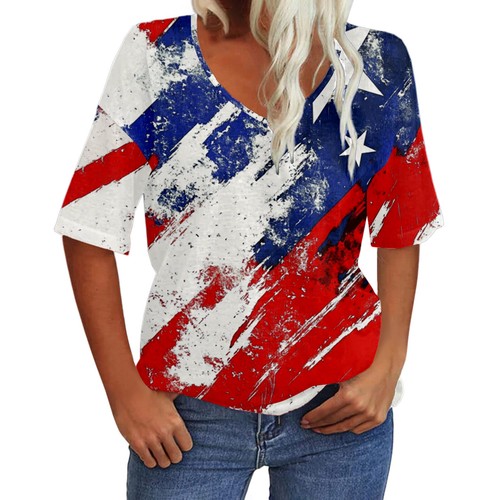 Summer Womens Shirts Short Sleeve Printed Shirts Casual Button Down Crew Neck