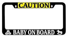 Black METAL License Plate Frame Caution Baby On Board (YELLOW) LOGO Auto