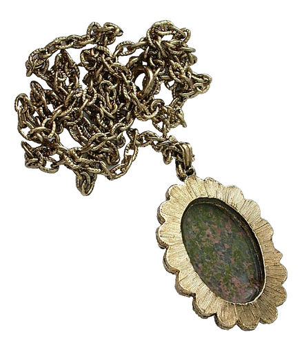Vintage Oval Unakite Cab Antique Gold Color Pendant 23 Inch Chain EPPC8/112225 - Picture 2 of 2
