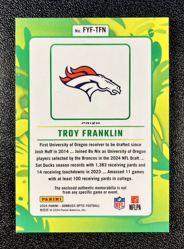 2024 Donruss Optic First Year Fresh Blue Hyper Swatch TROY FRANKLIN #FYF-TFN RC - Picture 2 of 4
