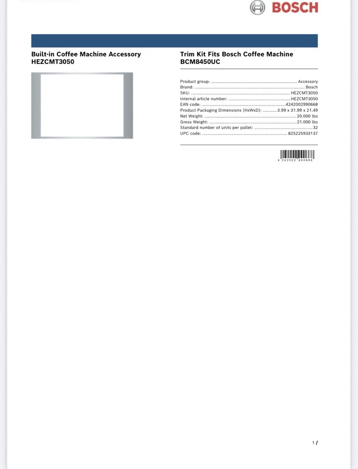 Комплект кофейной отделки Bosch HEZCMT3050 30 дюймов нержавеющая сталь - Изображение 3 из 4