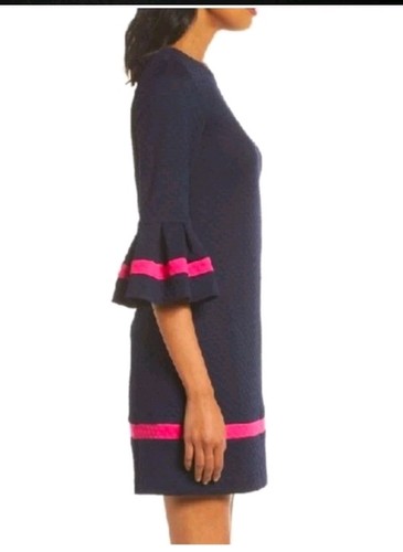 ELIZA J Bell Sleeve Fit & Flare Dark Navy & Pink Textured Dress 16 - Picture 4 of 13