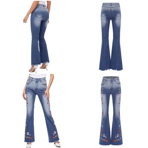 Womens Pants Stylish Jeans Exposed Trousers Hem Embroidery Casual Floral Lace - Picture 6 of 20