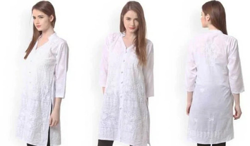 White Cotton Kurti for Women | Button-Down Hand Embroidered Tunic - Picture 2 of 7