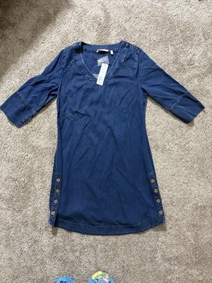 soft surroundings denim dress Positano Shift Womens Medium Blue Tencel Sleeve Size:M: Men 3.5-6 Women 5-7.5 Slinky Jersey Cut-Out Halterneck 0_women_clothing Shirt dress Finished with pockets
