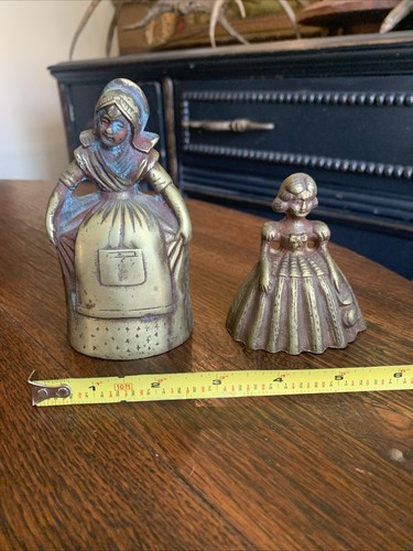 2 Antique Brass Bronze Metal Lady Girl Bell Holding Purse & Curtsying Milk Maid - Picture 16 of 21