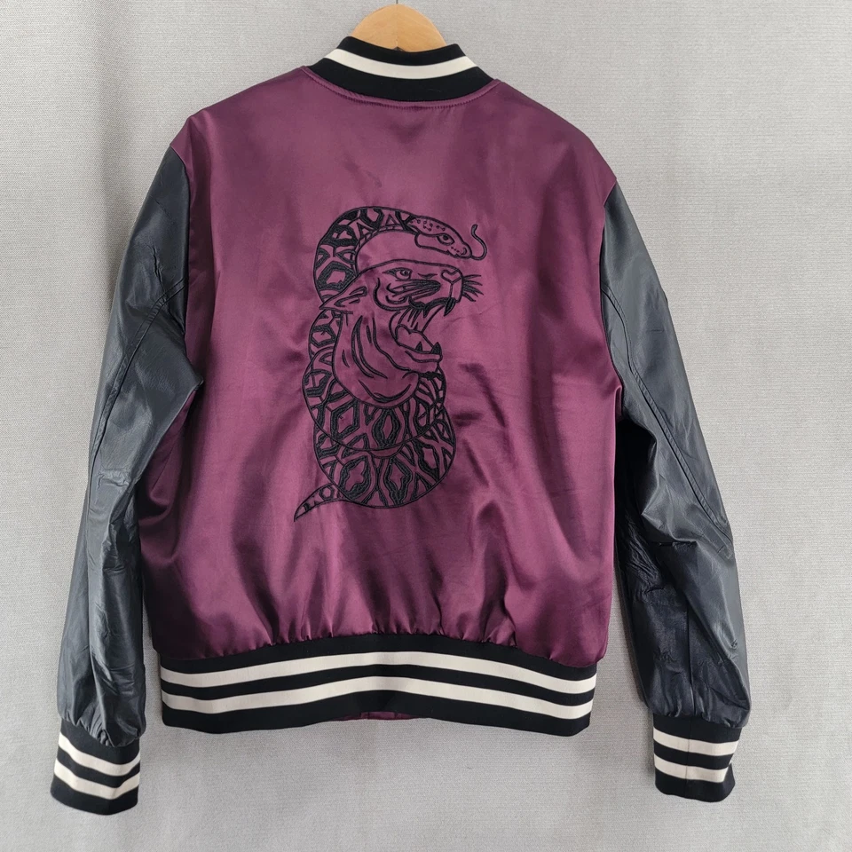 The Weekend x H&M Mens Satin Varsity Jacket Size Large Burgundy Patch Bomber - Image 2 of 4