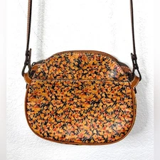 Patricia Nash Round Brown Leather Orange Floral Crossbody Bag Purse